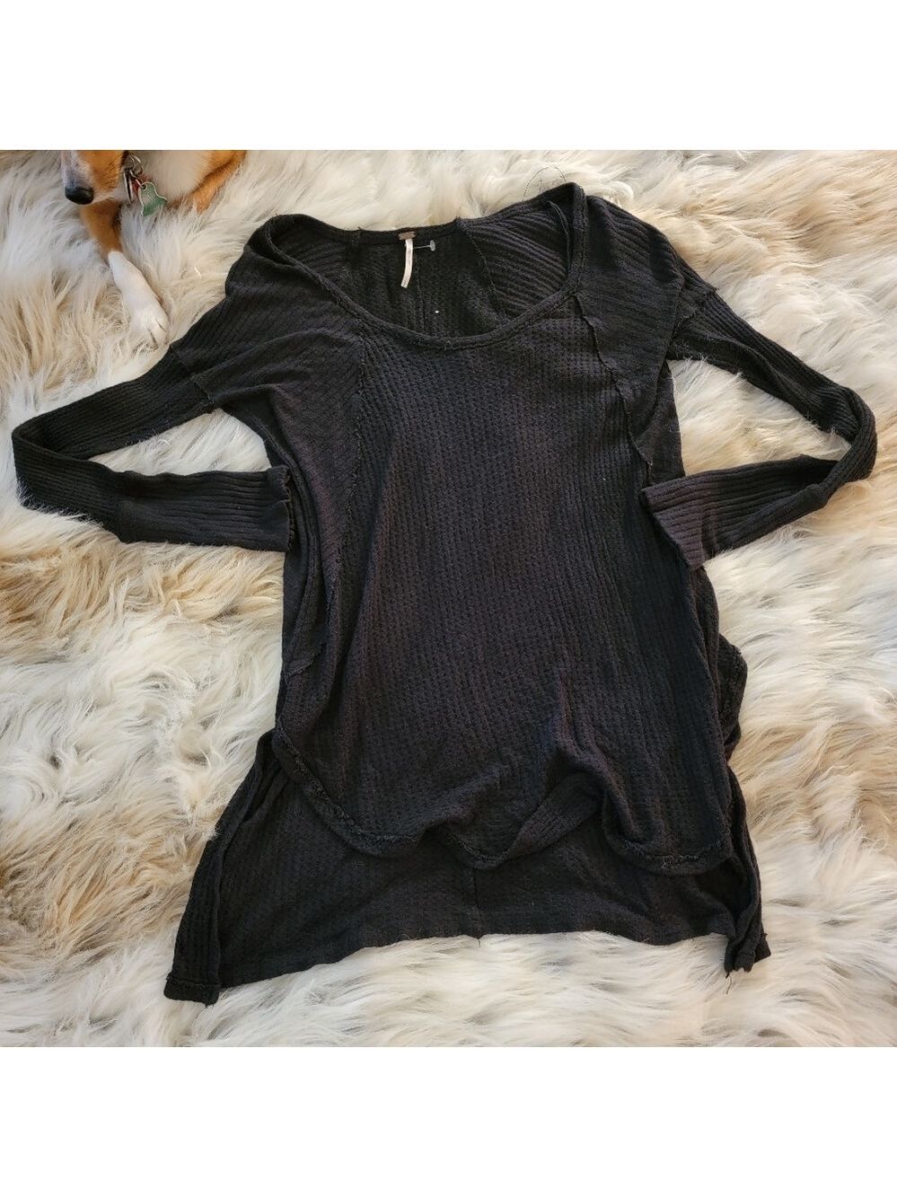 Free People Black Waffle Knit Long Sleeve Sweater